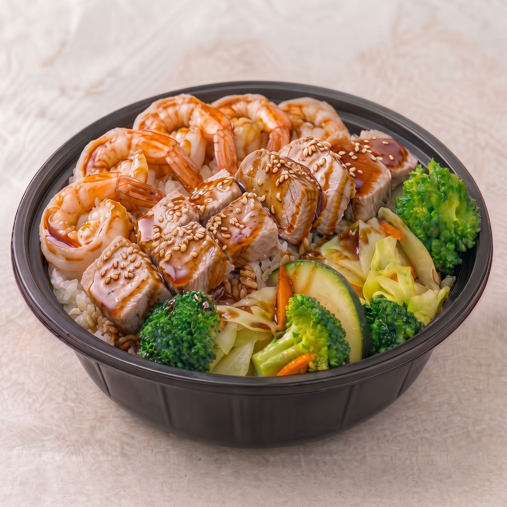 Shrimp and glazed meat bowl with broccoli, zucchini, and noodles in a black container