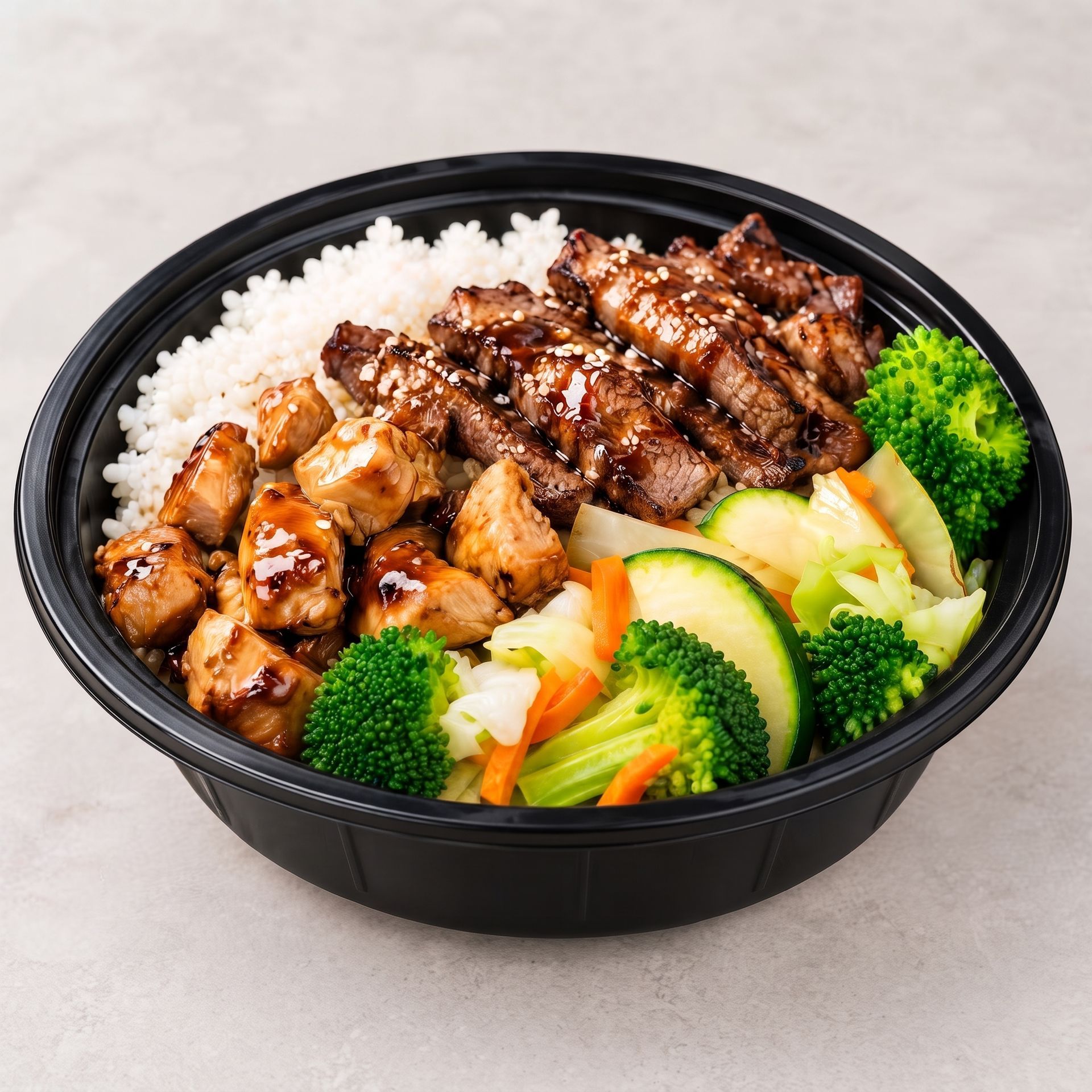 Takeout bowl with rice, grilled meat, and broccoli, zucchini, and carrots