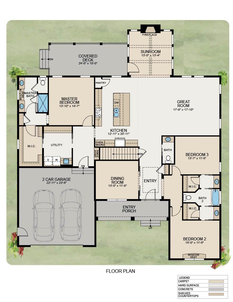 House floor plan with garage, bedrooms, bathrooms, and central living spaces viewed from above