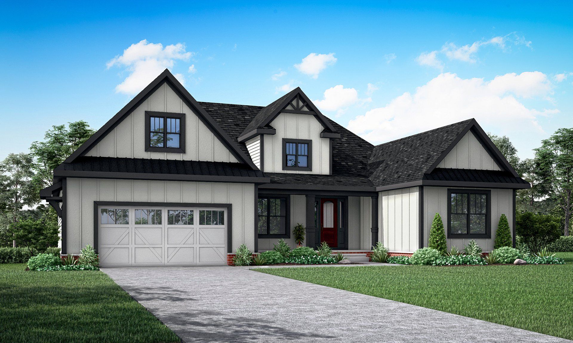 A modern farmhouse with off-white board and batten siding, black trim, a garage, and a peaked roof under a blue sky.