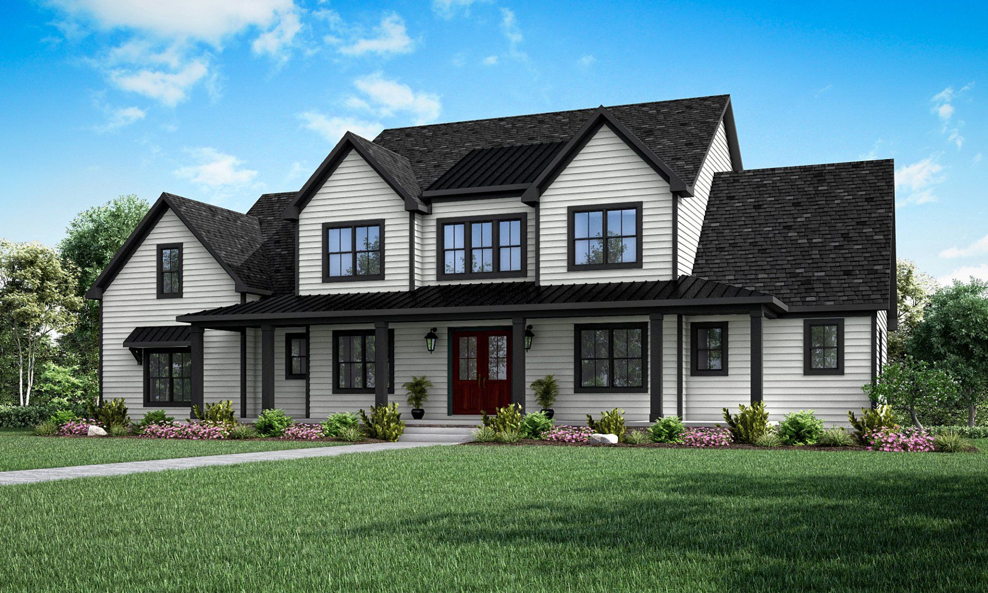 A modern two-story home with white horizontal siding, a dark roof, black-trimmed windows, and a red front door.