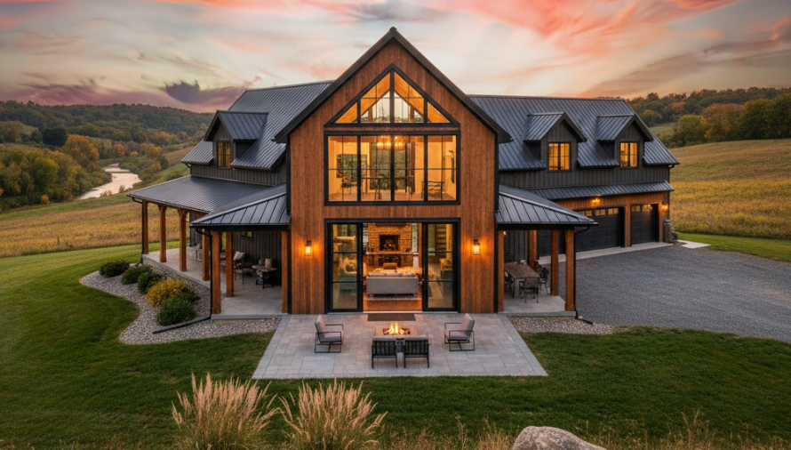 A modern two-story home with wood siding and a metal roof stands in a field at sunset, featuring a large stone patio.