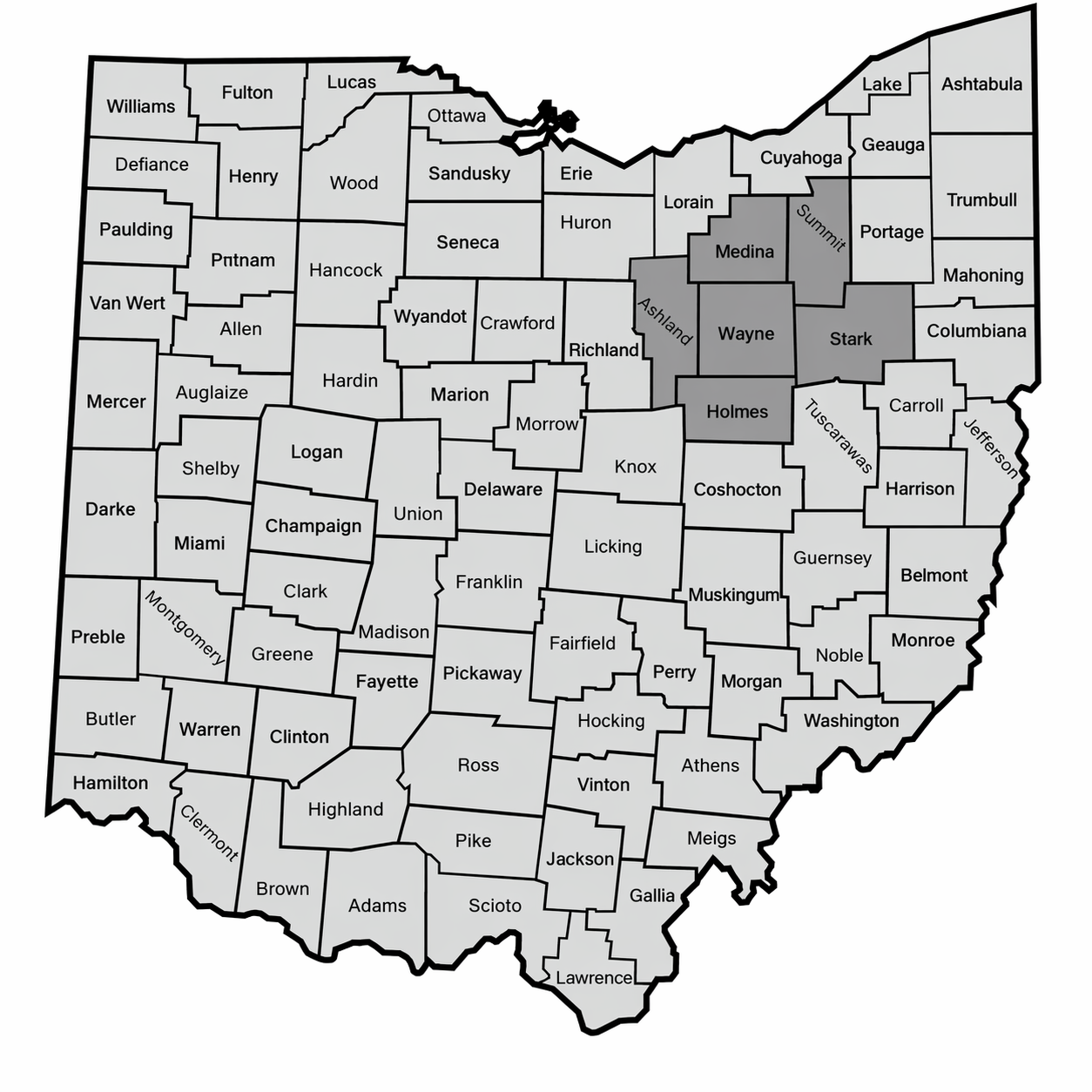 A map of Ohio counties with a cluster of five counties in the northeast region highlighted in gray.