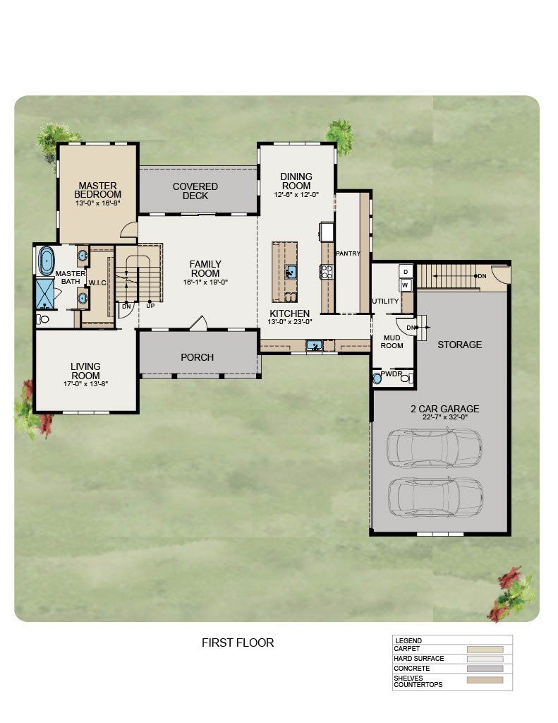 A floor plan for a single-story home featuring a master suite, kitchen, family room, porch, and a two-car garage.