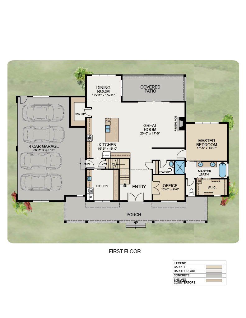 Floor plan of a single-story home featuring a three-car garage, central living area, kitchen, office, and patio.