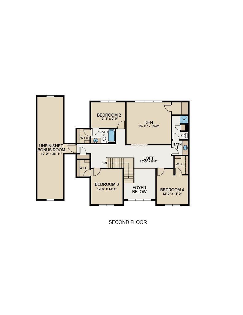 Floor plan for the second story of a home, showing bedrooms, bathrooms, a hallway, stairs, and an unfinished bonus room.