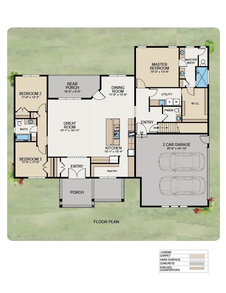Floor plan of a single-story home with three bedrooms, two bathrooms, an open kitchen, living area, and a two-car garage.
