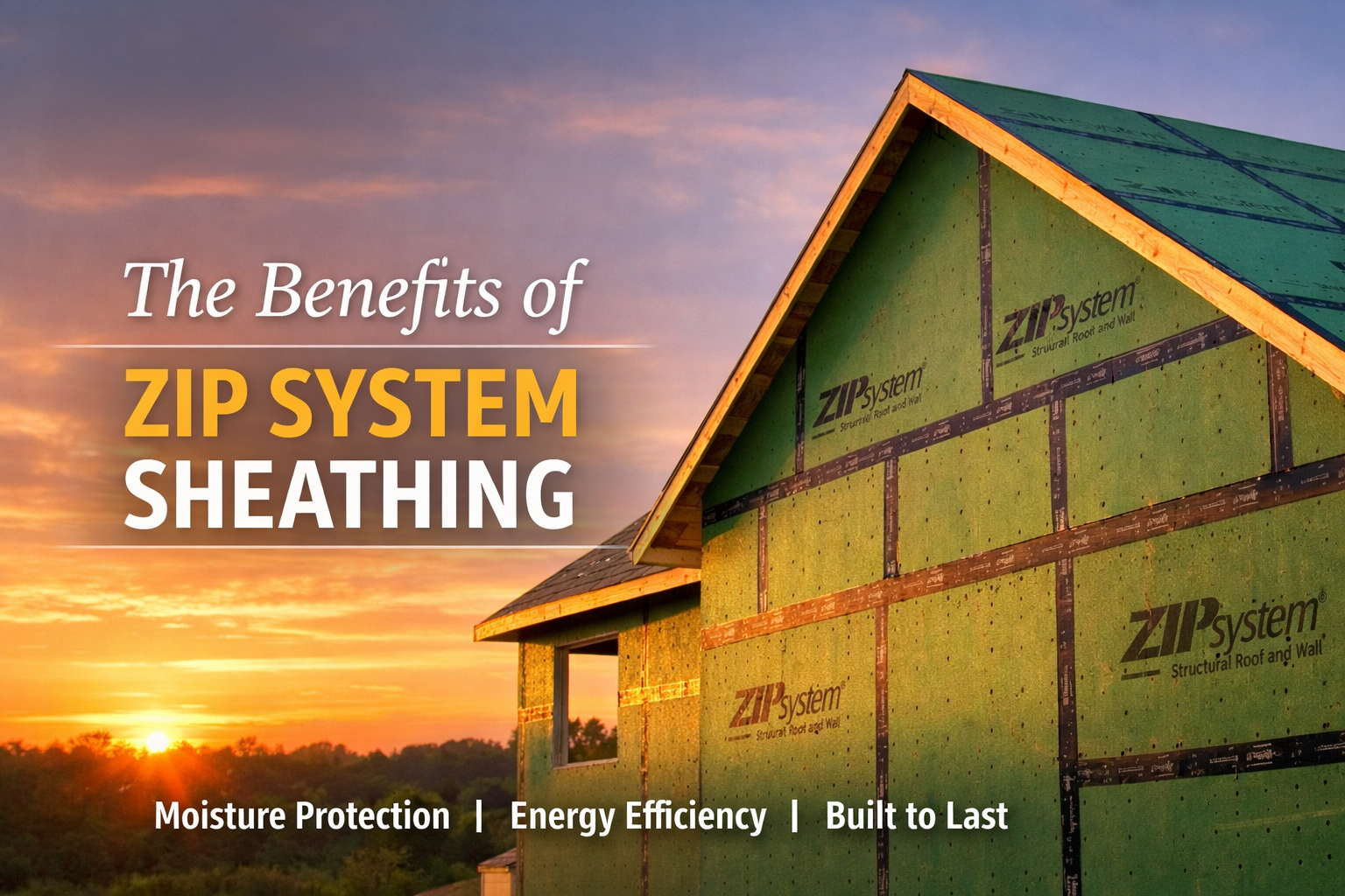 A house under construction using green ZIP System sheathing against a sunset, with text promoting its key benefits.