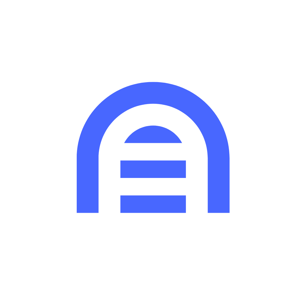 A blue and white logo with a horseshoe on a white background.