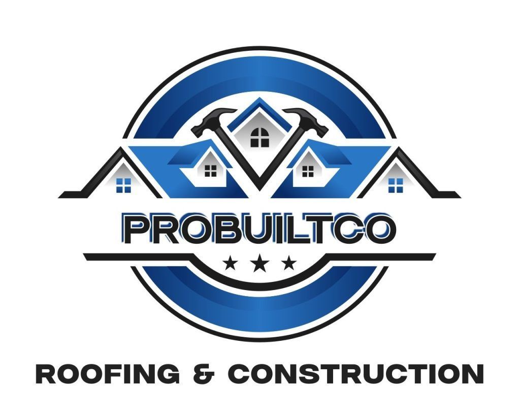 ProBuiltCo Roofing & Construction logo with blue house and roof graphic