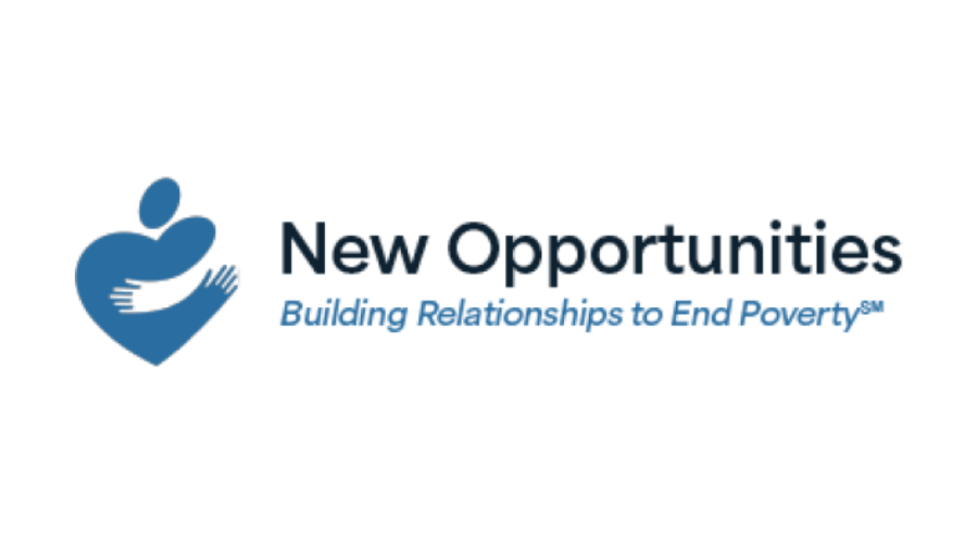Logo for New Opportunities: a blue icon of a stylized heart embracing a figure, next to the text 