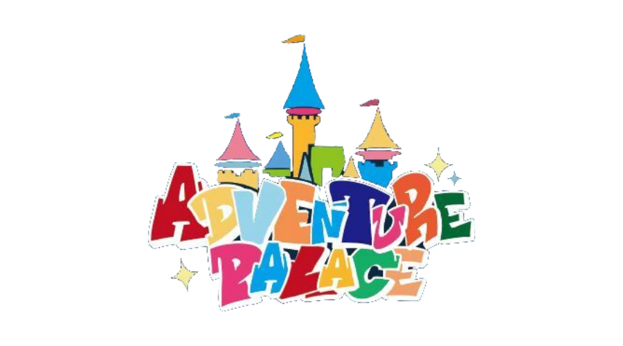 Colorful “Adventure Palace” logo with a cartoon castle and stars on a white background
