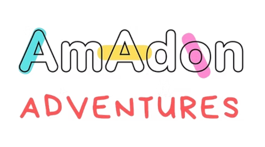 Colorful “Amadon Adventures” logo with playful multicolored letters on a white background