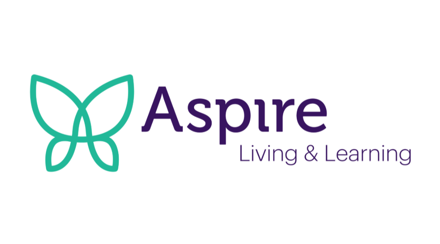 Aspire Living & Learning logo with teal butterfly icon and purple text