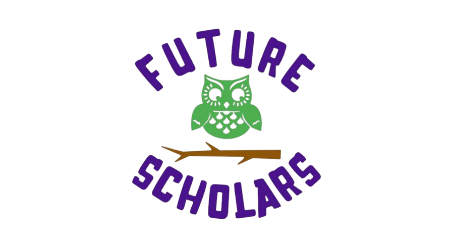 A green owl perched on a branch between the words 