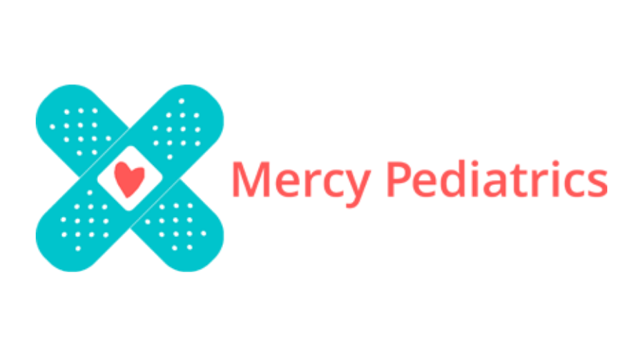 Logo for Mercy Pediatrics featuring two teal bandages crossed over each other with a small red heart in the center.