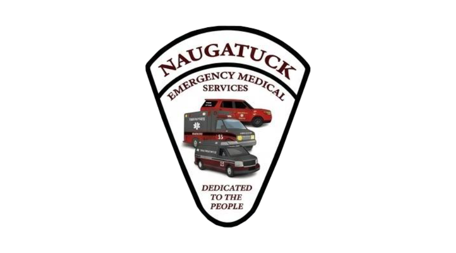 A shield-shaped logo for Naugatuck Emergency Medical Services featuring an ambulance and two response vehicles.