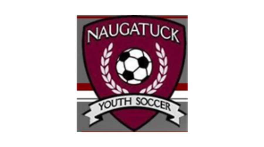 Naugatuck Youth Soccer logo: a maroon shield featuring a soccer ball, wheat stalks, and a banner reading 