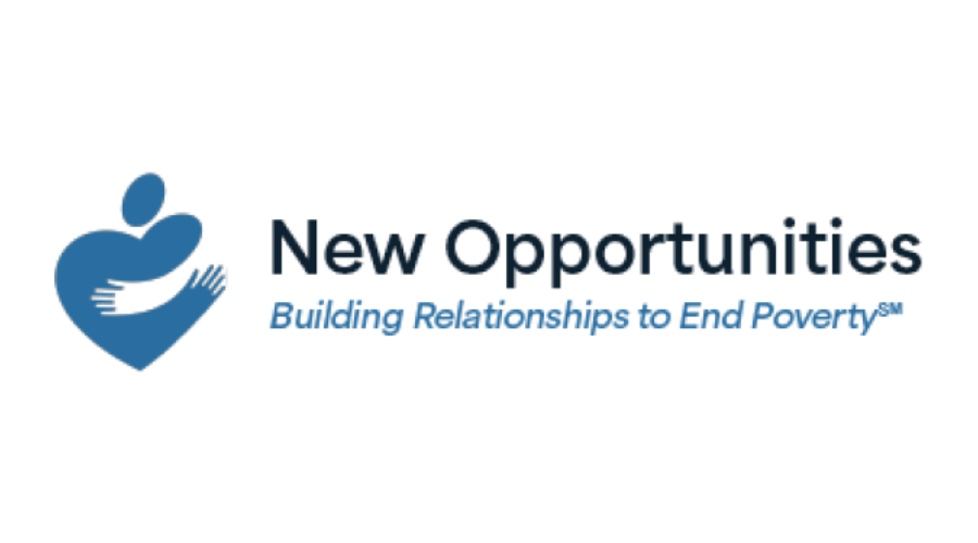 New Opportunities logo with blue hand-and-heart icon and tagline “Building Relationships to End Poverty”