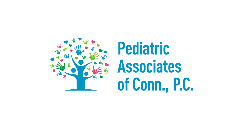 Logo for Pediatric Associates of Conn., P.C., featuring a blue tree icon made of human figures and colorful handprints.