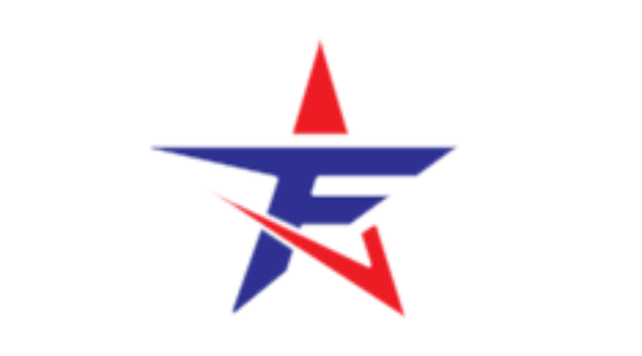 A logo featuring a stylized blue letter 