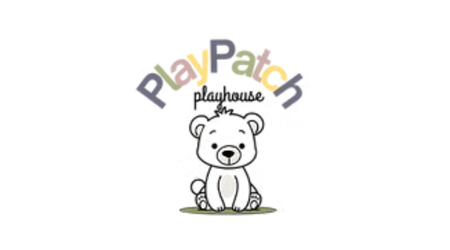 PlayPatch Playhouse logo with a cute white teddy bear sitting under colorful text