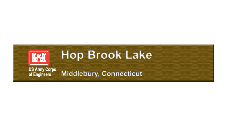 Brown sign for Hop Brook Lake, Middlebury, Connecticut, with US Army Corps of Engineers logo.