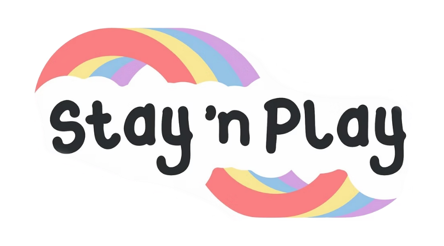 Stay’n Play logo with pastel rainbow arcs and black rounded text on a white background
