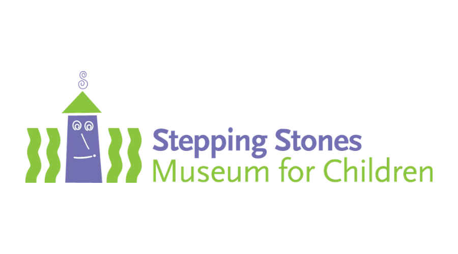 Stepping Stones Museum for Children logo with purple and green building icon and green wavy accents