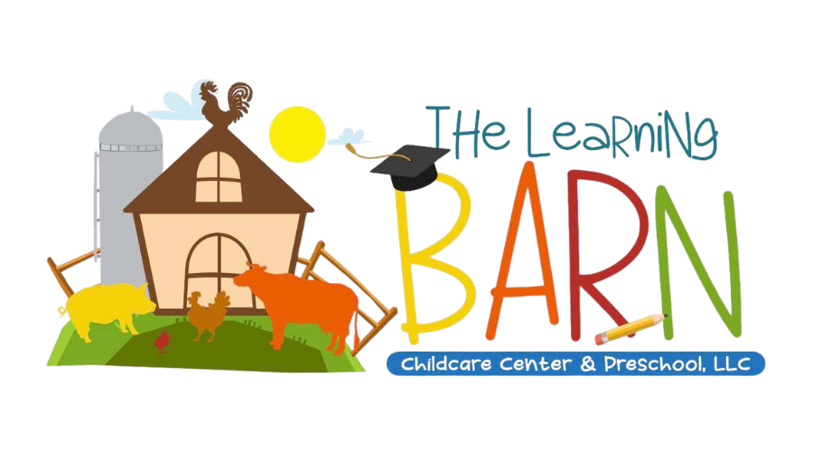 Logo for The Learning Barn Childcare Center & Preschool with a farm graphic, a graduation cap, and colorful text.