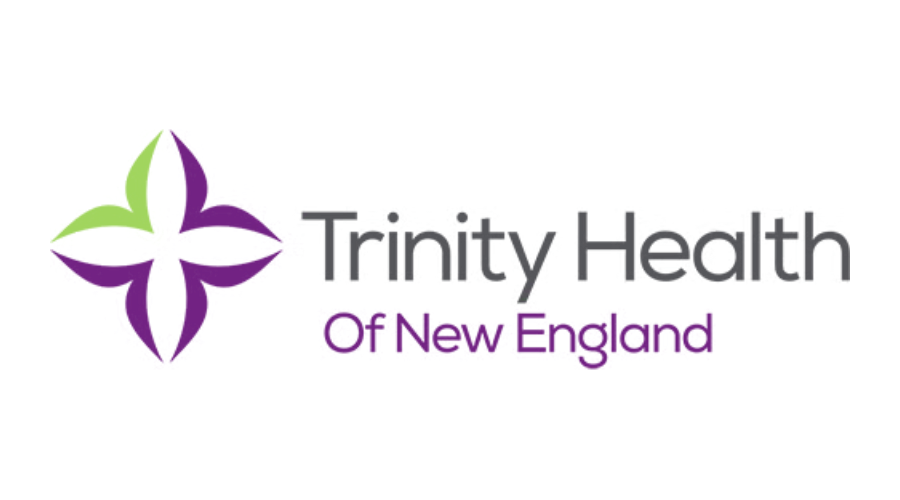 Logo for Trinity Health Of New England, featuring a purple and green four-leaf clover icon next to the organization's name.