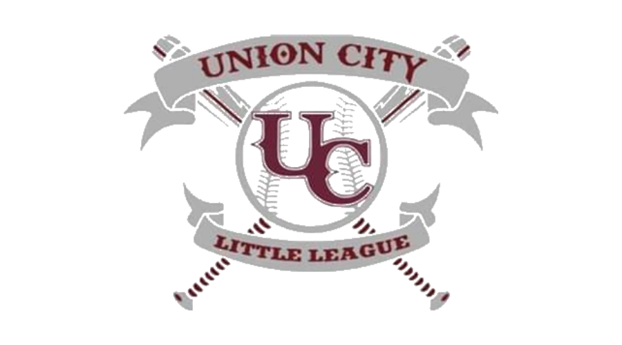 Logo for Union City Little League, featuring a baseball and crossed bats in maroon and gray.