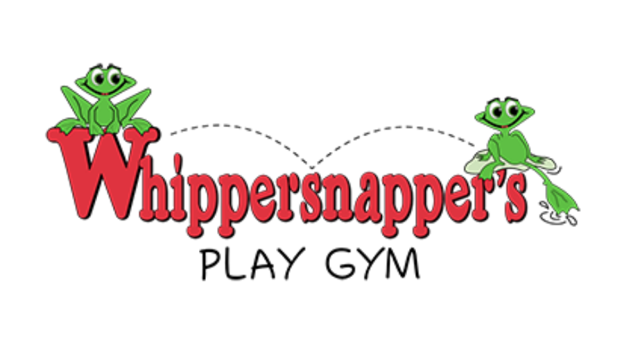 Whippersnapper's Play Gym logo with two green frogs on a red and black wordmark