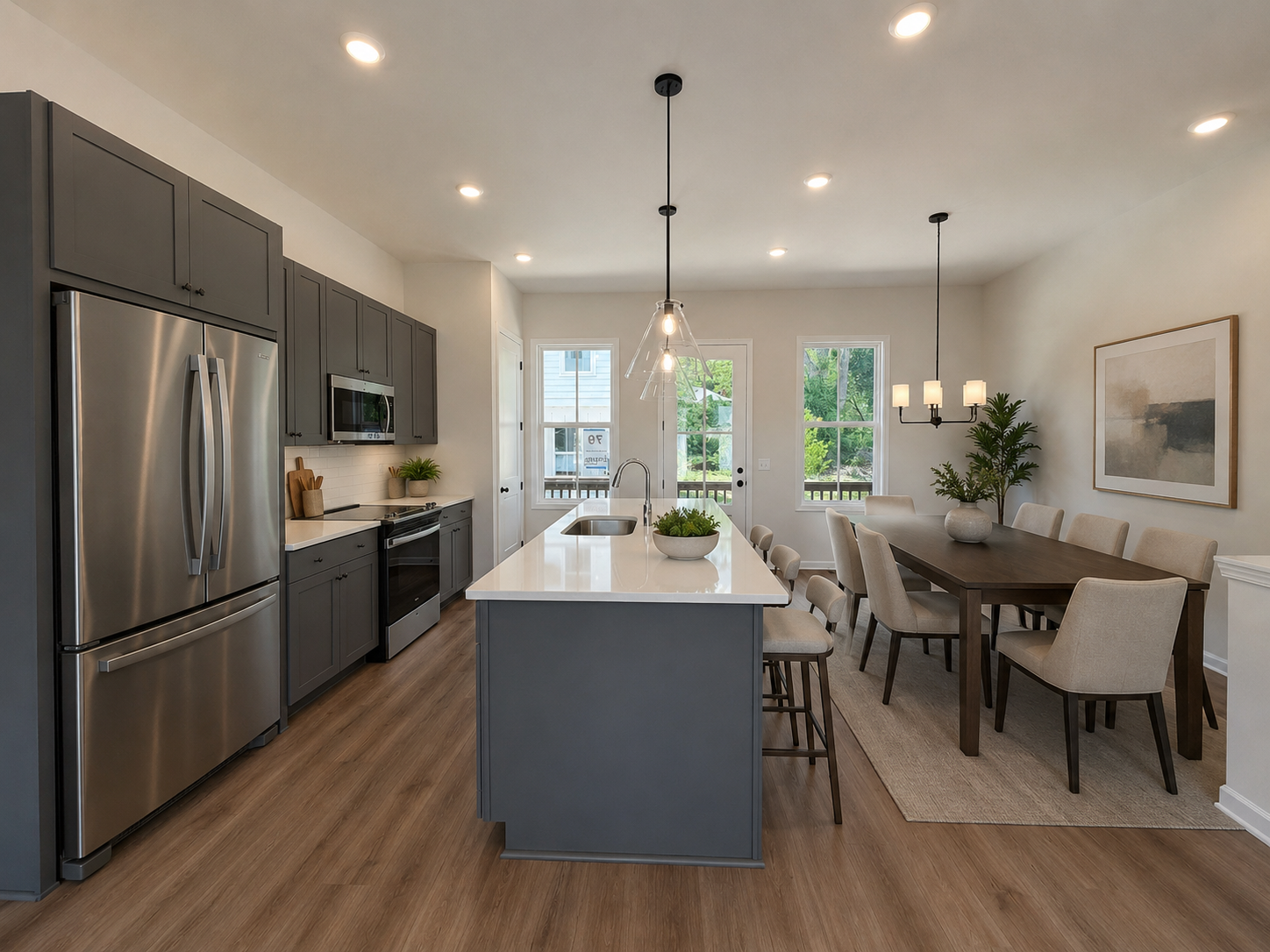 Modern kitchen with stainless steel appliances, large island, and adjacent dining area in a bright open layout.