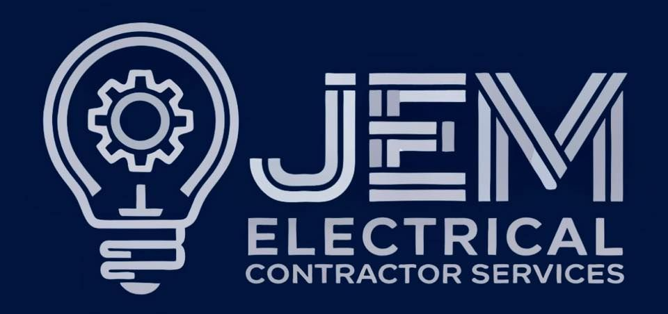 JEM Electrical Contractor Services logo with lightbulb gear icon, blue and white text