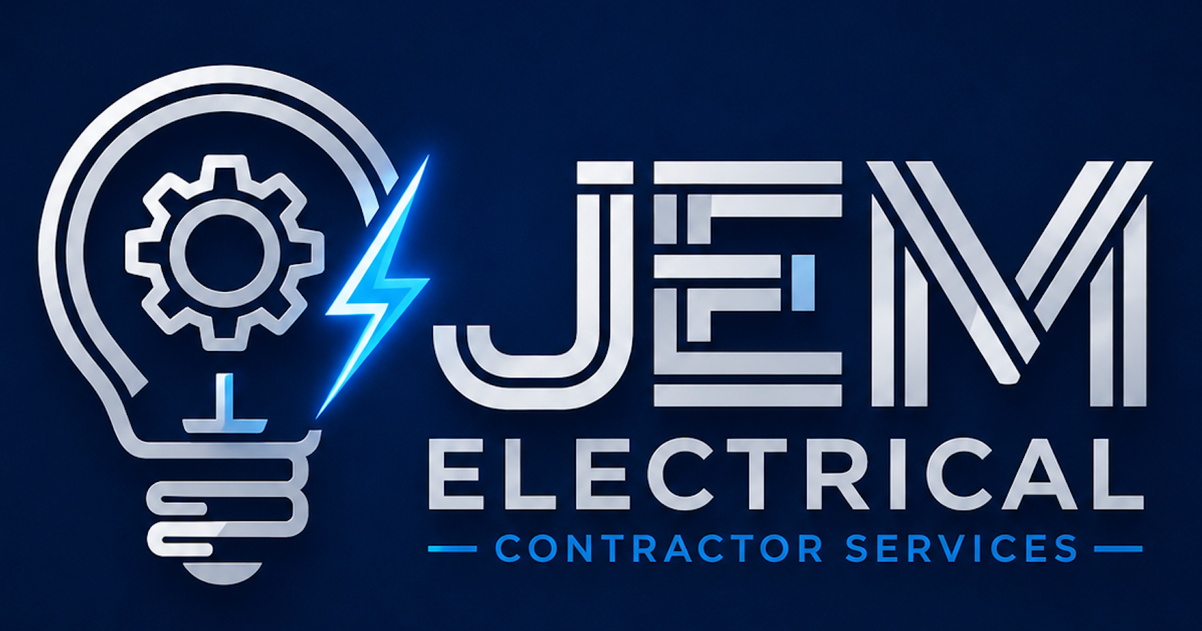 JEM Electrical Contractor Services logo with lightbulb and gear icon in blue and white