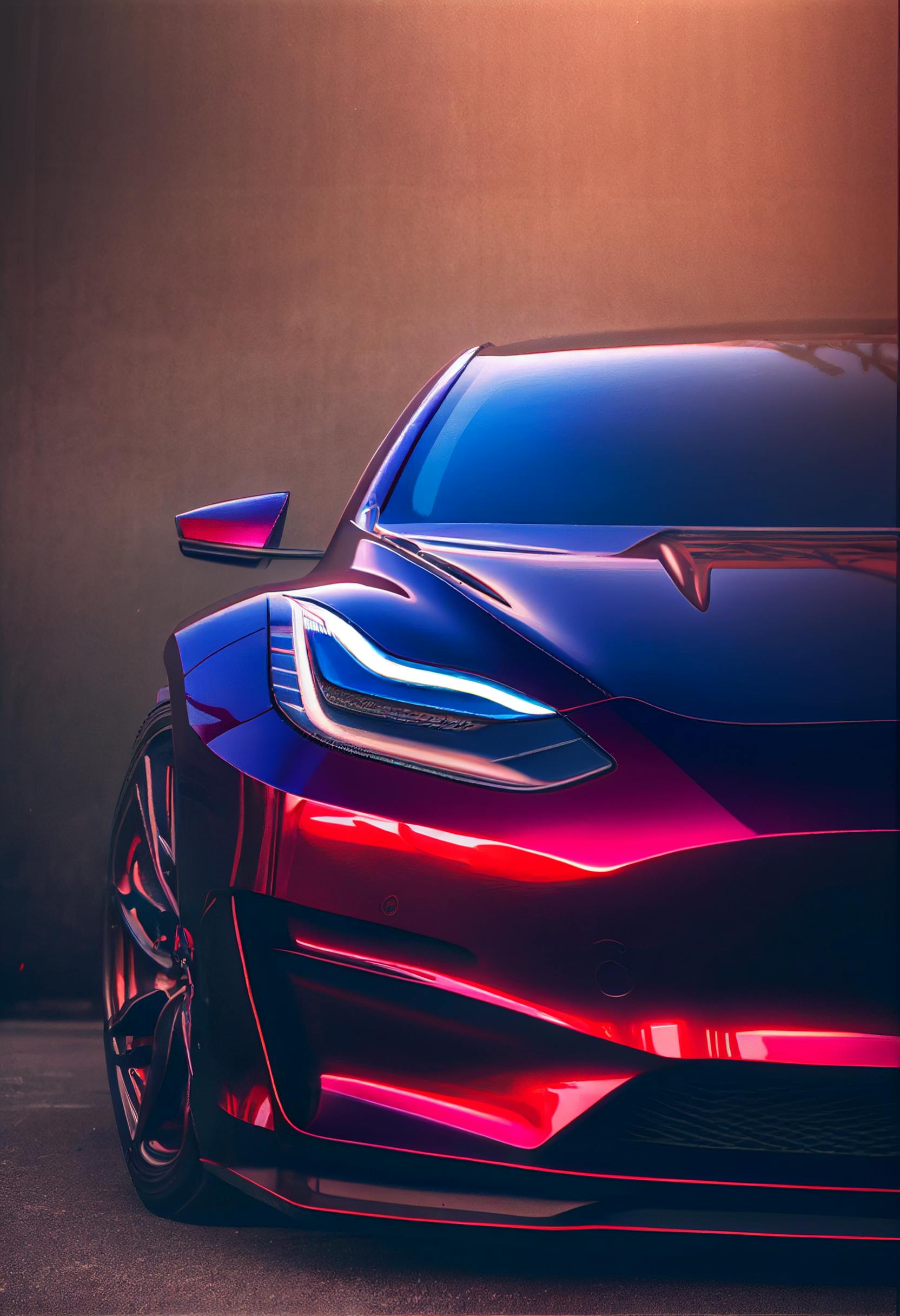 Front view of a sleek black sports car with neon red and blue lights in a studio setting