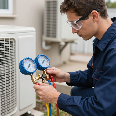 Technician checking HVAC unit with blue gauges outdoors