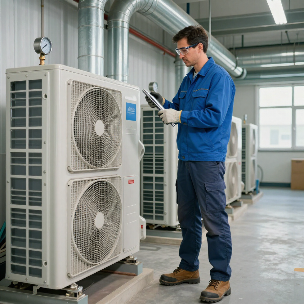 Technician inspecting outdoor HVAC units in a bright industrial room