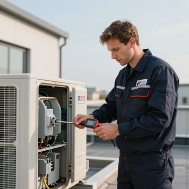 Technician inspecting an outdoor HVAC unit with a screwdriver on a rooftop.