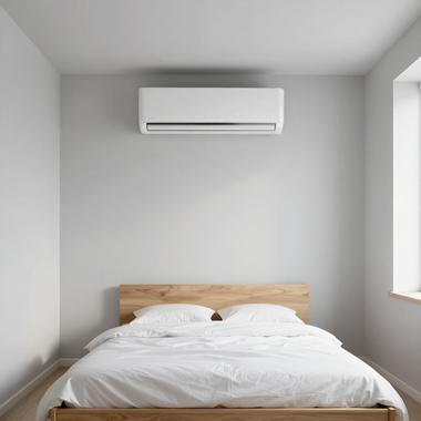 Minimal bedroom with unmade white bed and wall-mounted air conditioner above the headboard