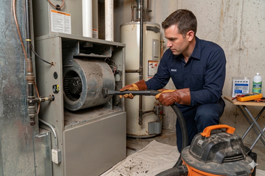 Technician cleaning a furnace in a utility room, with tools and cleaning supplies nearby