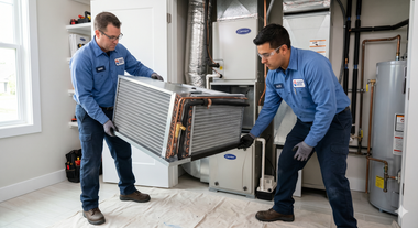 Two HVAC technicians in blue uniforms carrying a large metal unit through a room under construction