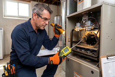 Technician in blue shirt inspecting an open metal appliance with a flashlight and tool in a workshop.