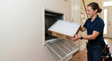 Person in a navy shirt loads a pizza box into a wall-mounted outdoor pizza oven.