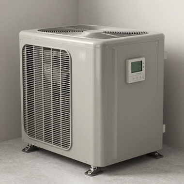 Gray outdoor air conditioning unit with a front grille and small control panel, shown on a floor.