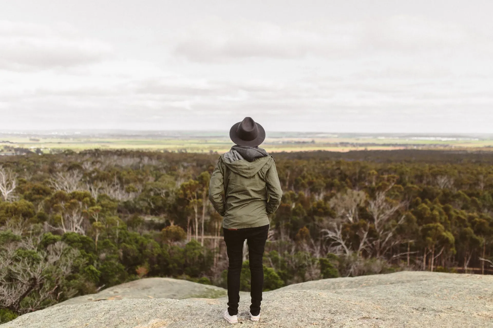 Person in a green jacket and hat stands on a cliff overlooking a vast bushland under a cloudy sky.