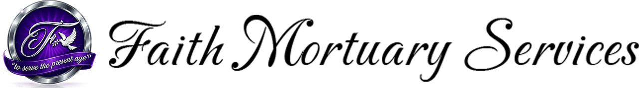 Logo of "Faith Mortuary Services" in elegant script with a purple emblem.