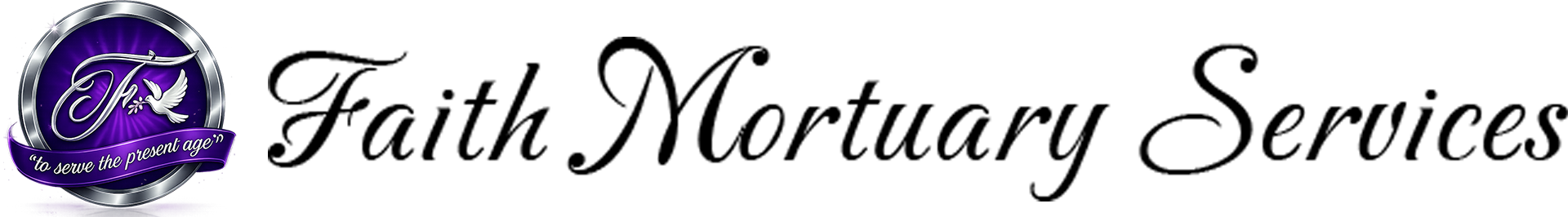 Logo of "Faith Mortuary Services" in elegant script with a purple emblem.