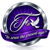Logo with purple and silver elements, script initials 